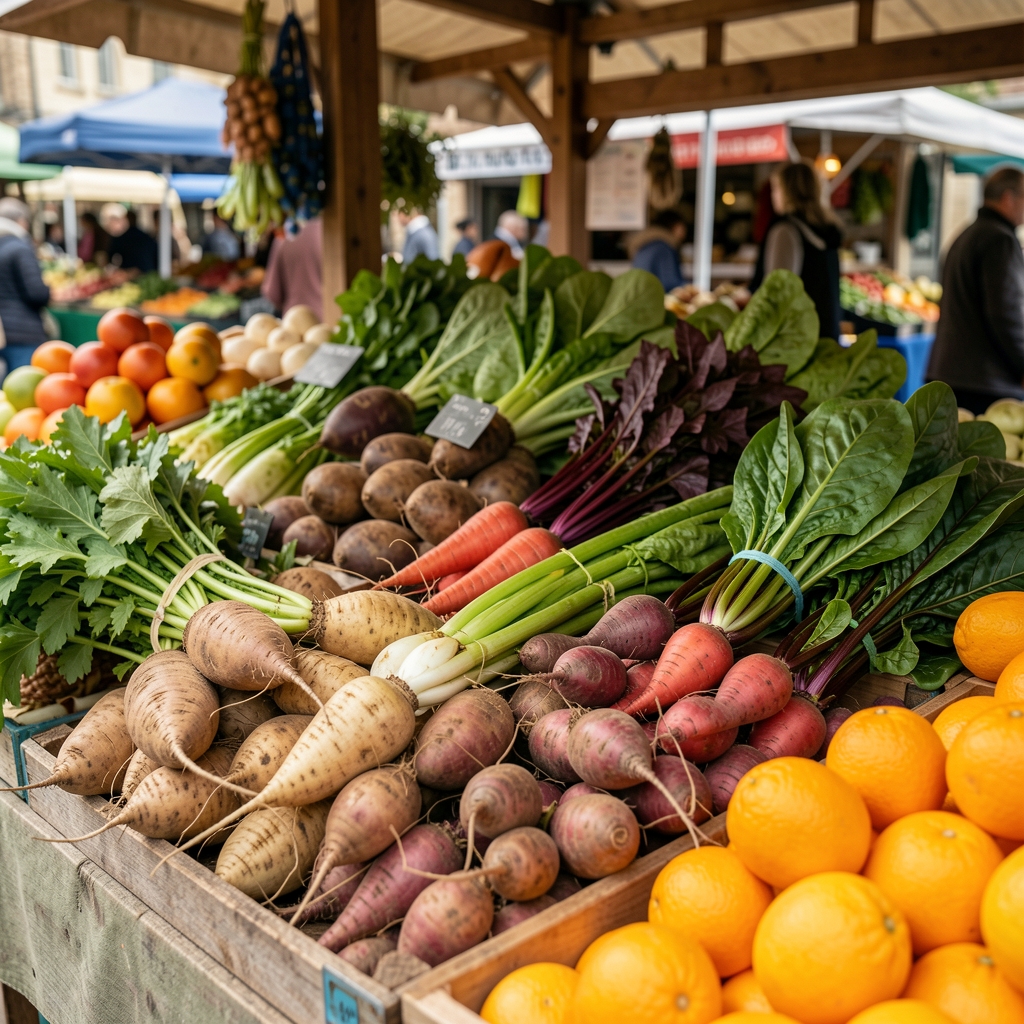 Close-up of a colourful seasonal market stall with root vegetables, leafy greens, and citrus fruits in natural daylight