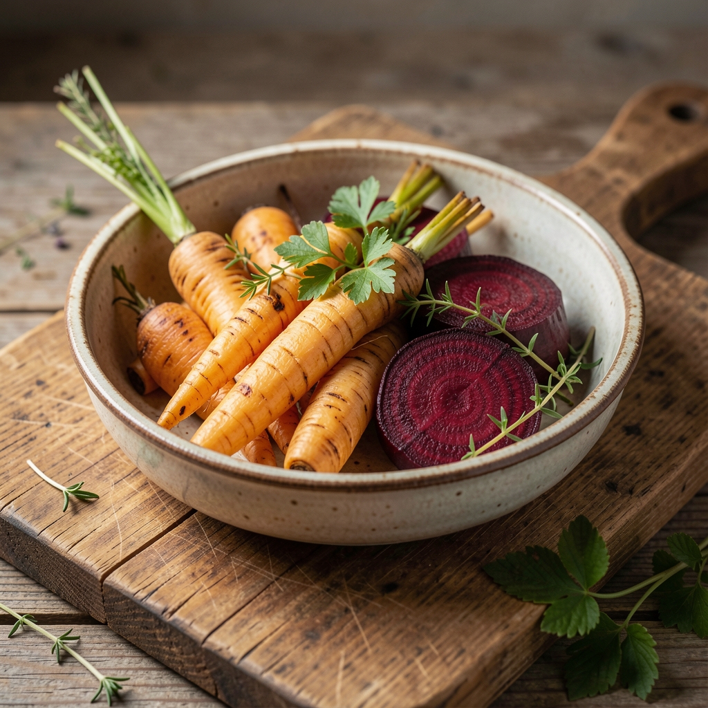 A rustic ceramic dish of roasted root vegetables including parsnips and beetroot with fresh herbs on a wooden chopping board