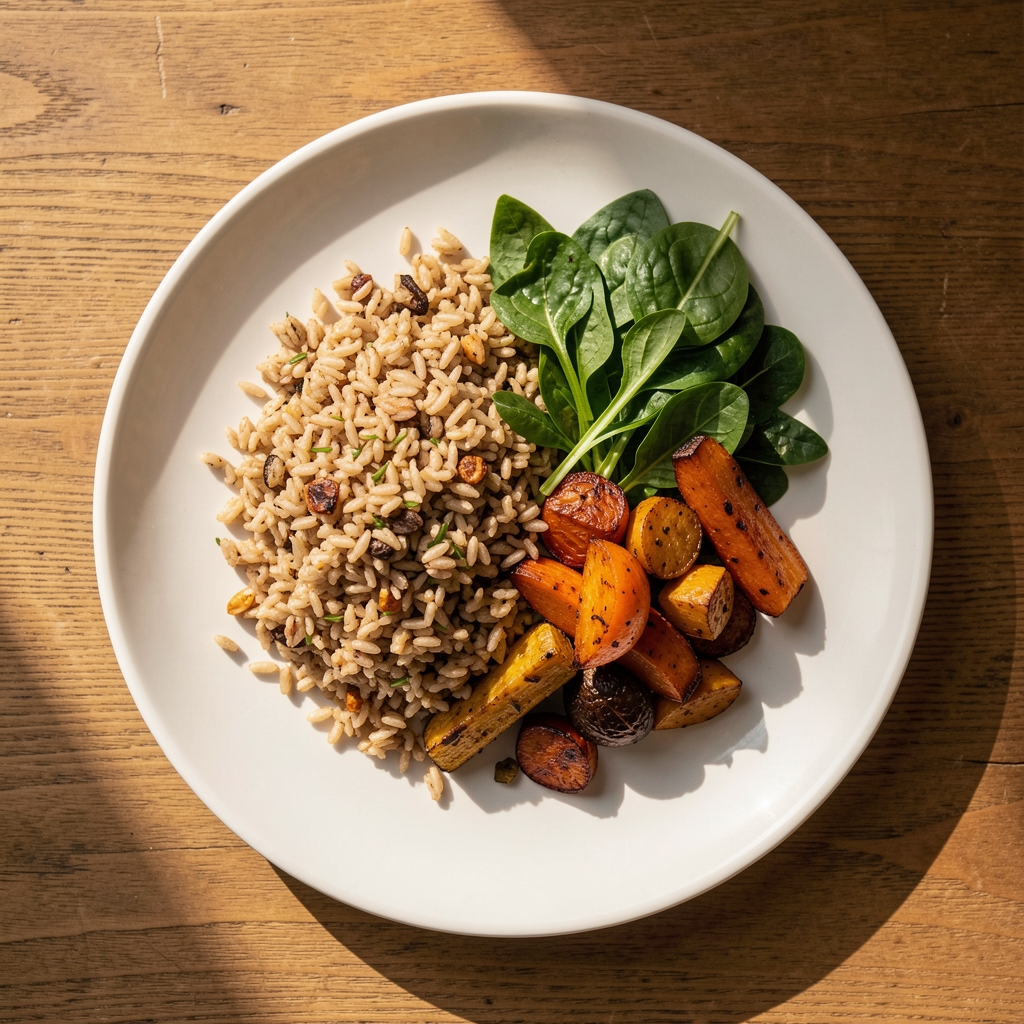 An overhead view of a neatly composed plate with grains, roasted vegetables, and leafy greens on a wooden table in warm afternoon light