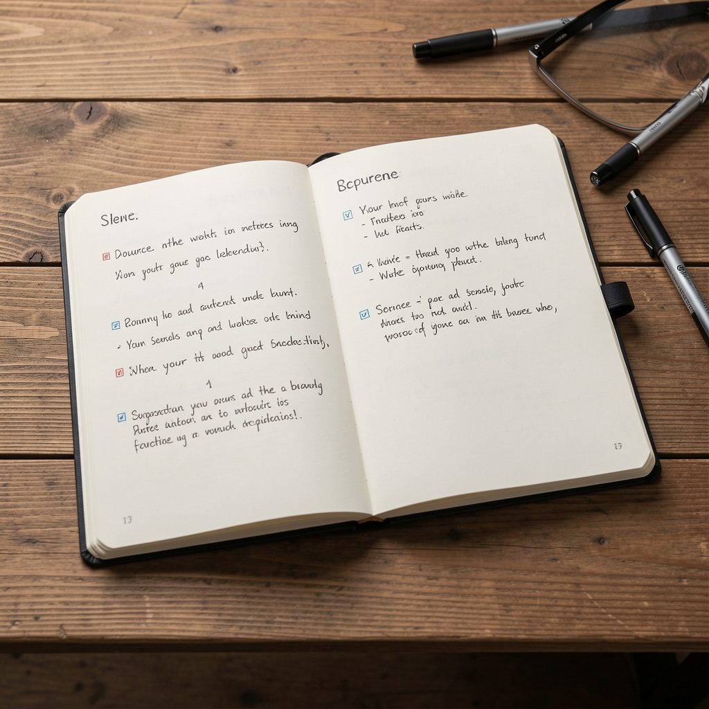 Open editorial notebook with handwritten source notes and reference markers on a wooden desk under consistent studio lighting